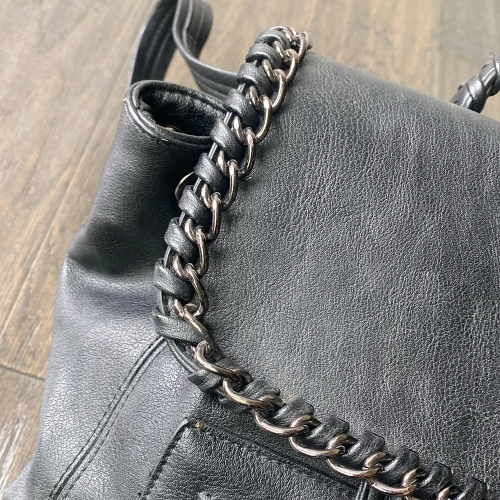 KENSIE Black Faux Leather Chain-Trimmed Women's Backpack Vegan Leather